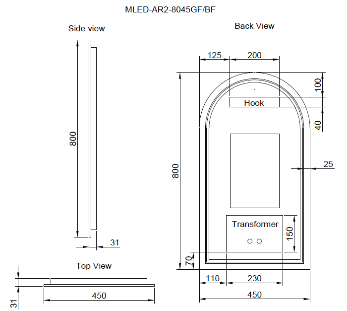 Brushed Nickel Framed AR2 LED Mirror Arch - MLED-AR2-9045BN 900x450mm
